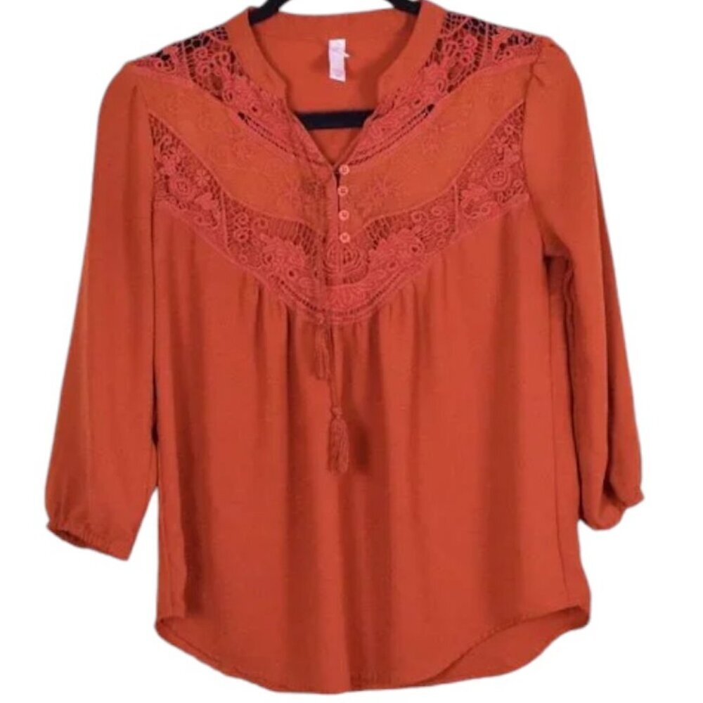 Women's Xhilaration Burnt Orange 3/4 Sleeve Boho Crochet Peasant Blouse -Size XS